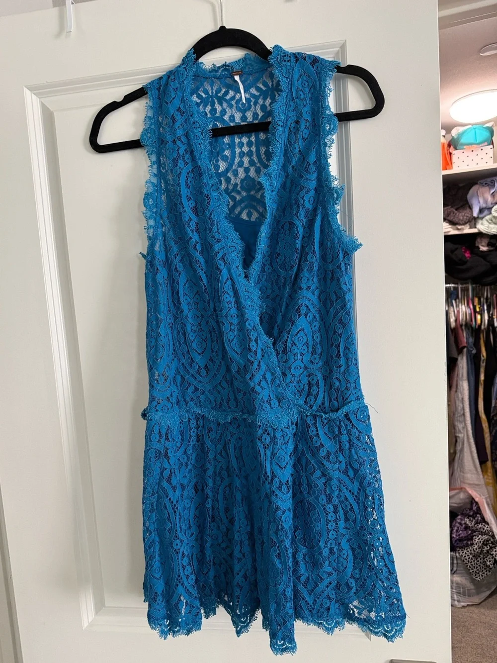 Free People Teal Blue Lace V-Neck Mini Dress